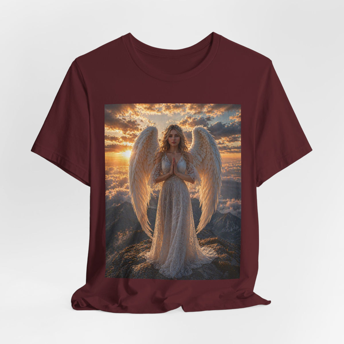 Angel Wings T-Shirt — Serene Praying Angel Graphic Tee for Spiritual & Religious Gifts