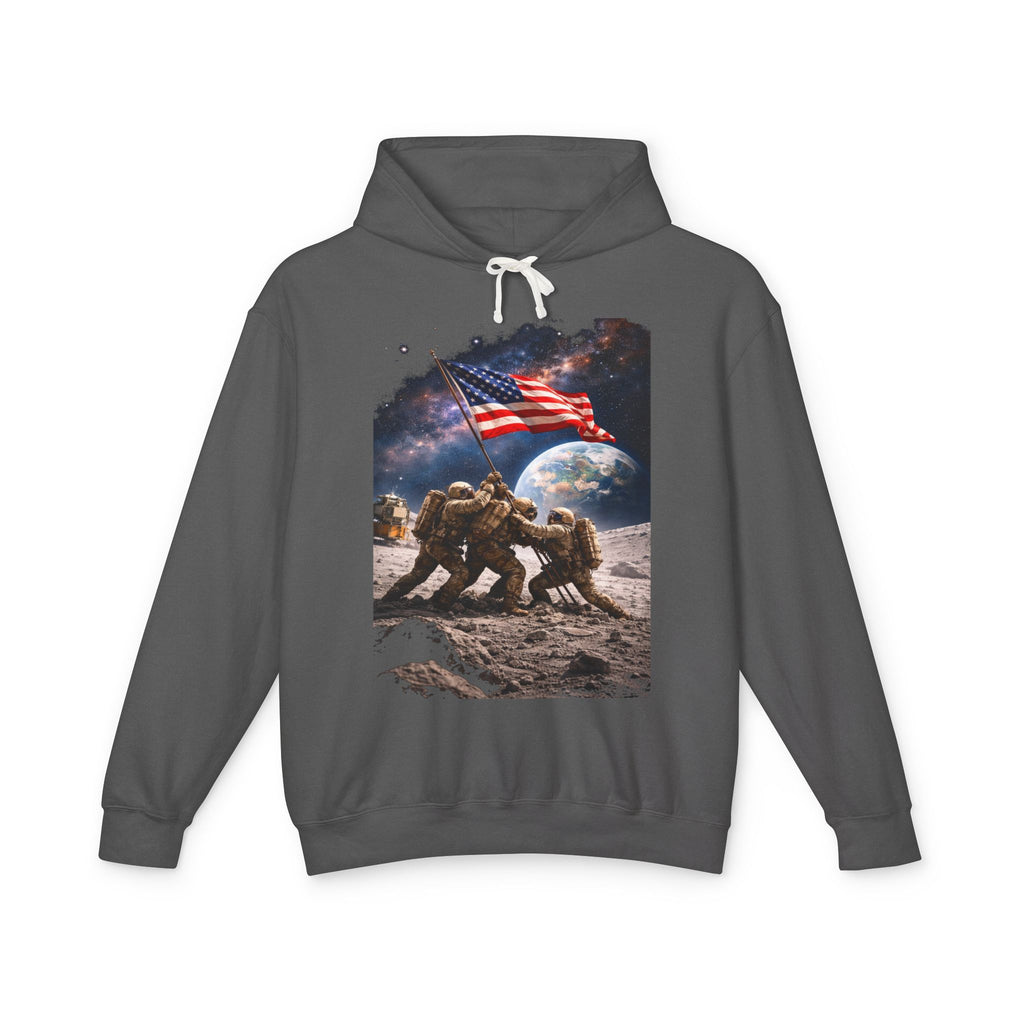 Patriotic Moon Landing Hoodie — Astronauts Raising American Flag Graphic