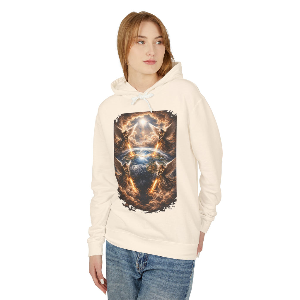 Revelation 7:1 Four angels standing on the four corners of the earth as seen from heaven Apocalyptic Earth Graphic Hoodie — Cosmic Storms, Lightning & Angelic Light