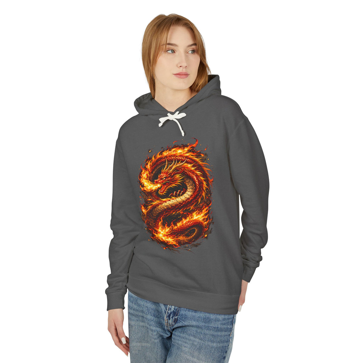 Flaming Dragon Hoodie — Fiery Mythical Dragon Graphic Sweatshirt