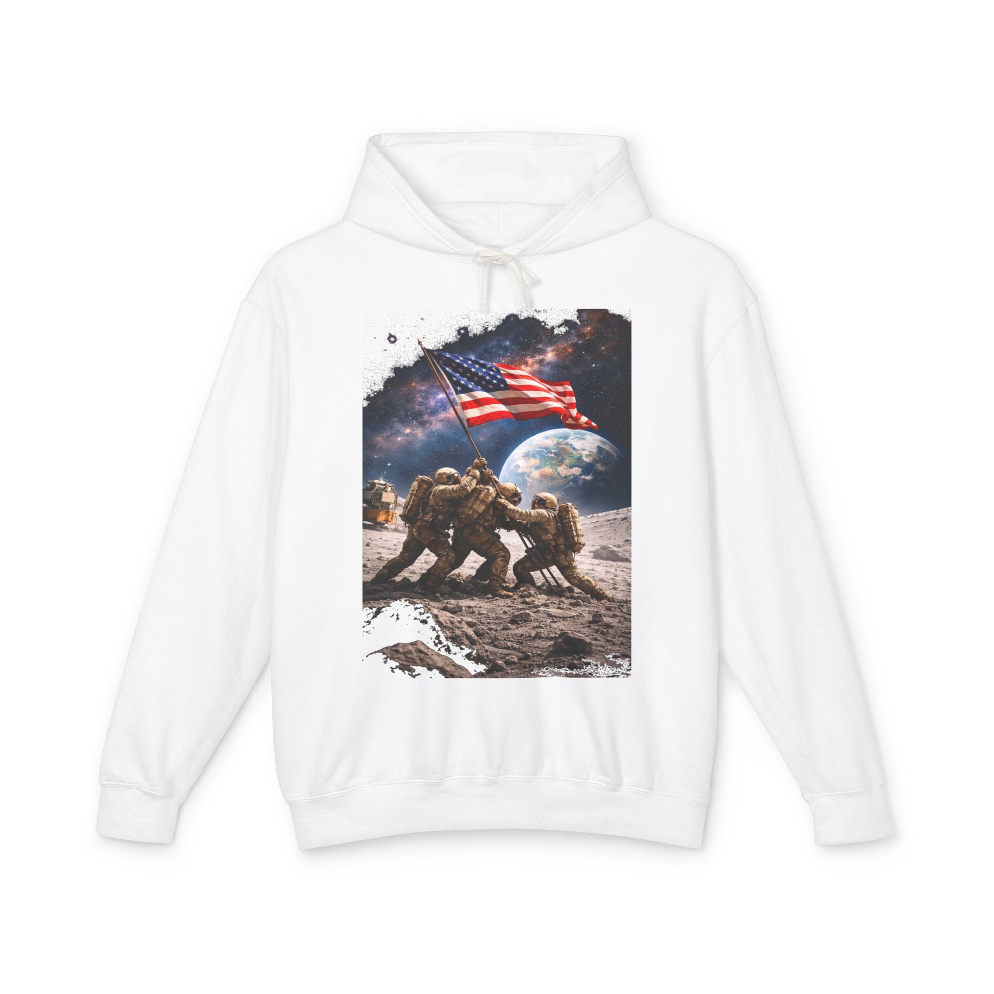 Patriotic Moon Landing Hoodie — Astronauts Raising American Flag Graphic