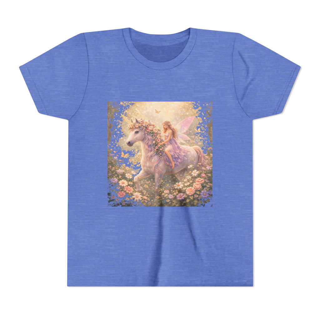 Youth Tee — Magical Fairy Riding Unicorn in Floral Garden Kids Shirt