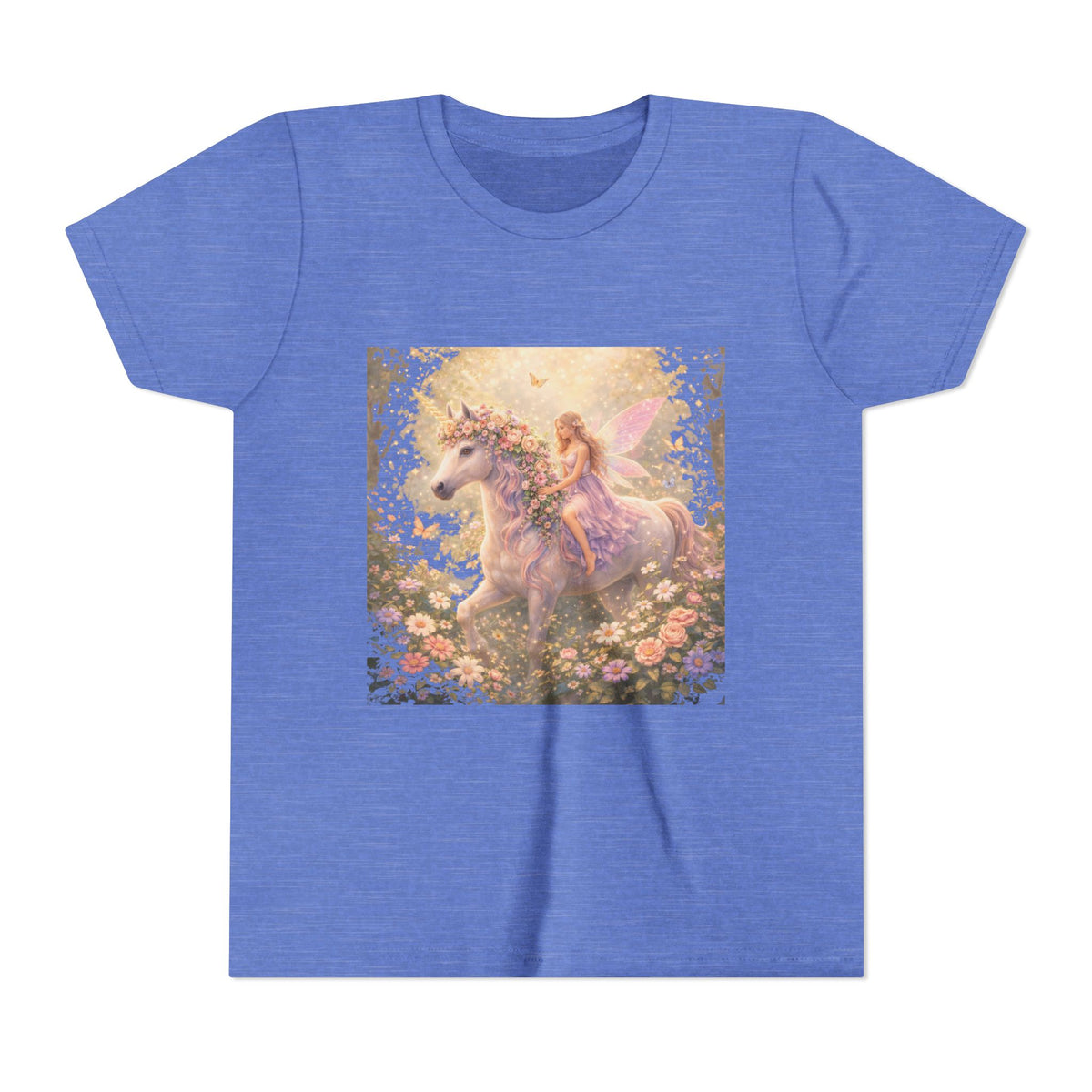 Youth Tee — Magical Fairy Riding Unicorn in Floral Garden Kids Shirt