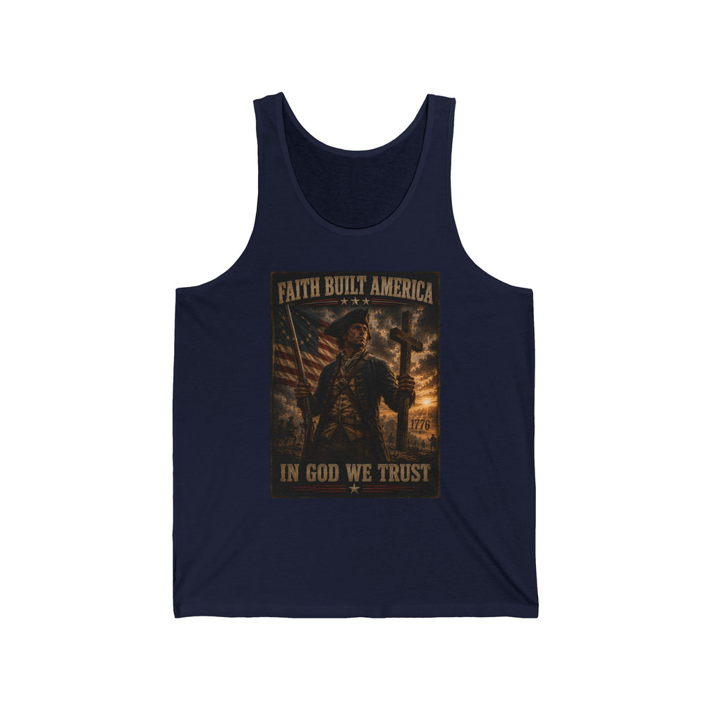 Patriotic Tank Top - "Faith Built America, In God We Trust" Vintage Soldier Design