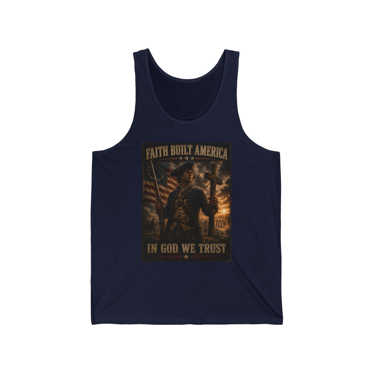 Patriotic Tank Top - "Faith Built America, In God We Trust" Vintage Soldier Design