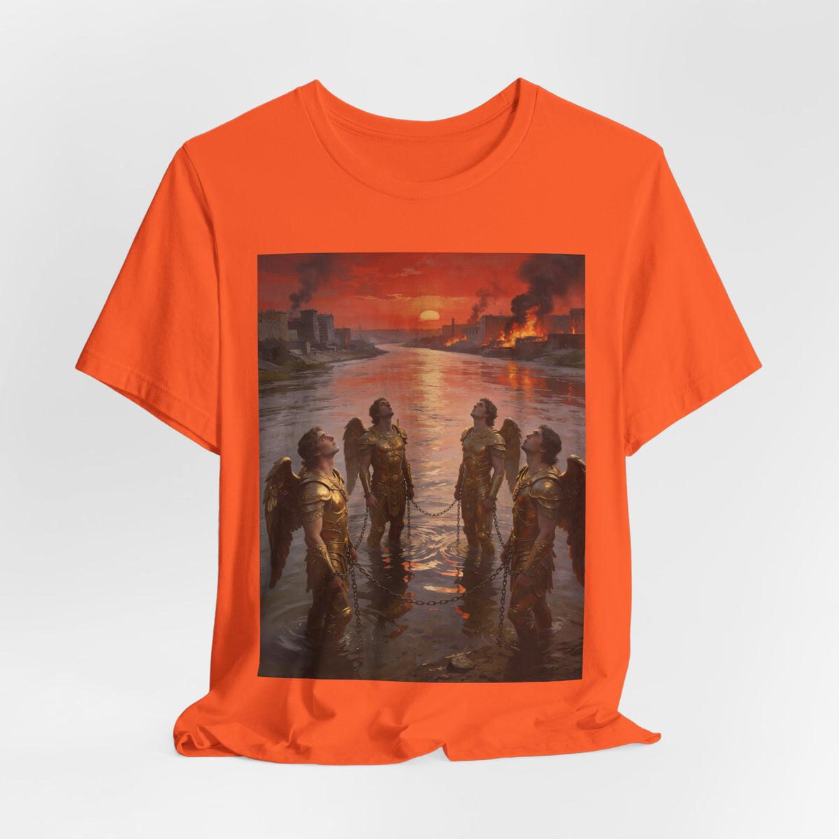 Revelation 9 reveals four fallen angels bound in the Euphrates River, awaiting God’s appointed time to bring judgment. T-Shirt