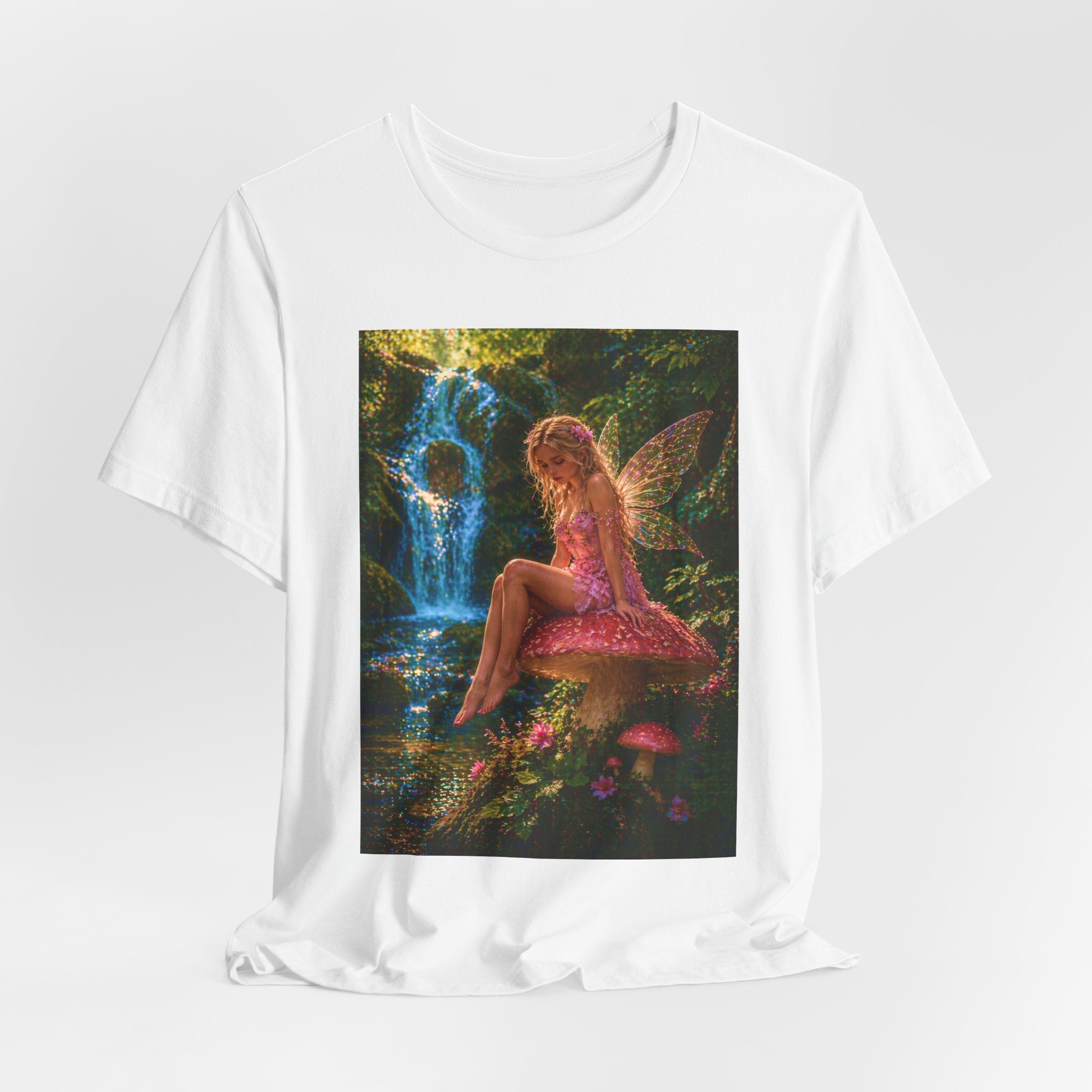 Fairy Garden T-Shirt – Enchanted Pink Fairy by Waterfall