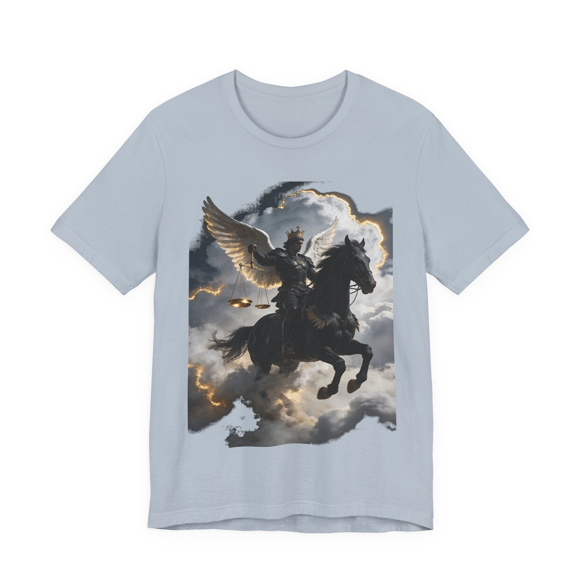 Revelation 6:5-6! And on the horse was a rider with wings as an angle dress as an warrior in black holding a golden a pair of scalesT‑Shirt — Winged Knight Graphic Tee