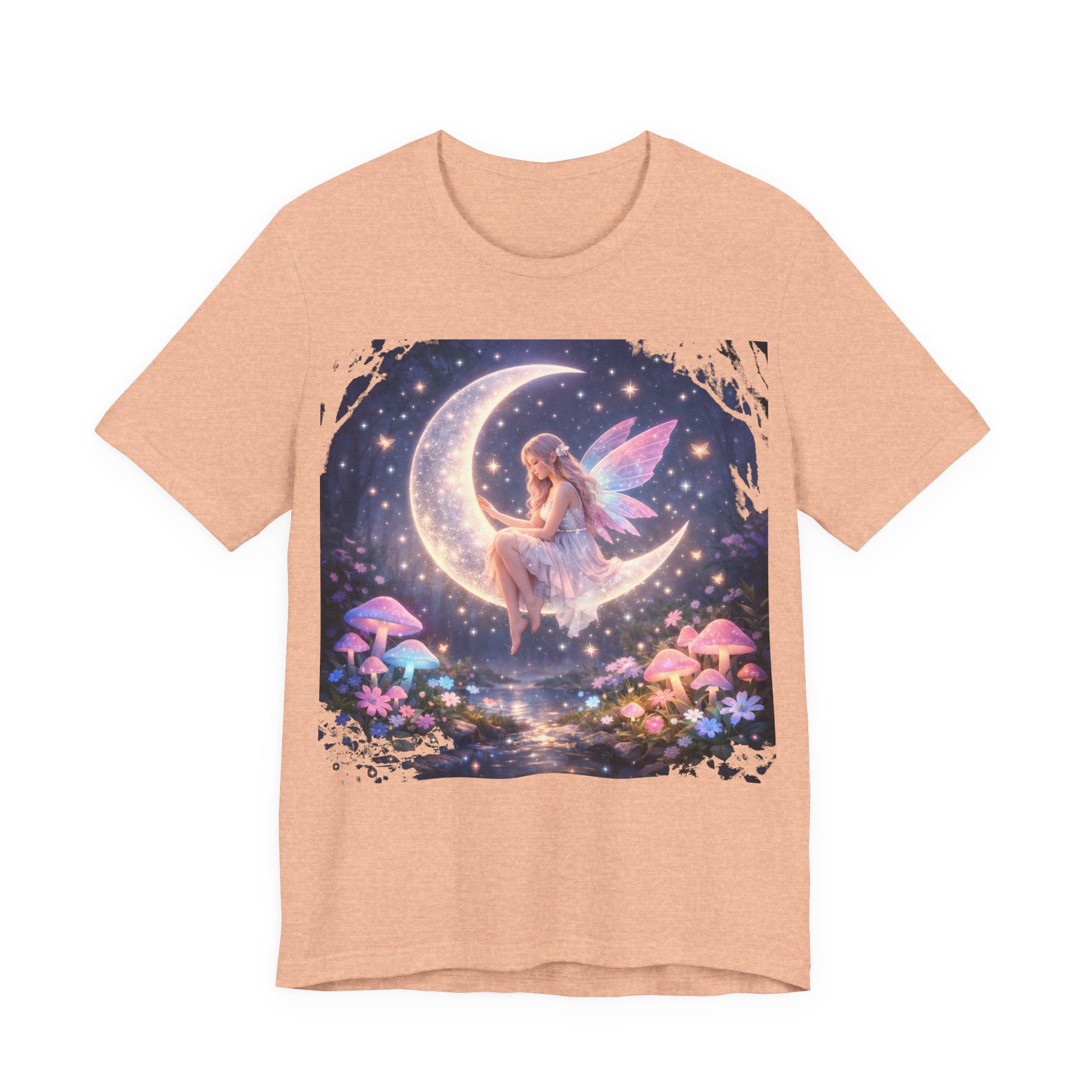 Fairy on the Moon T‑Shirt — Dreamy Fantasy Night Tee with Fairy and Mushrooms