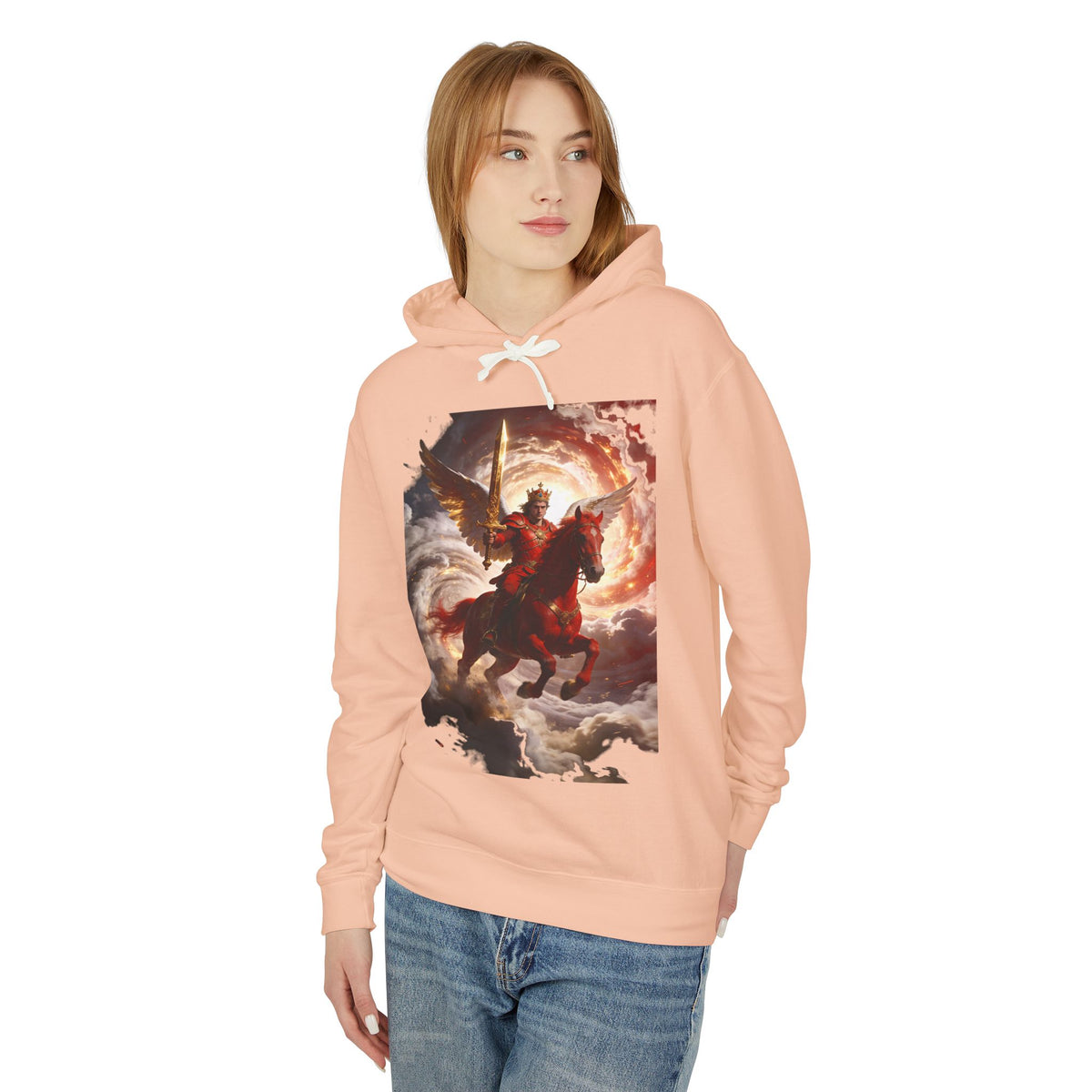 The red horse from Revelation 6:3-4-Angel Knight Hoodie — Celestial Warrior Horse Graphic Sweatshirt
