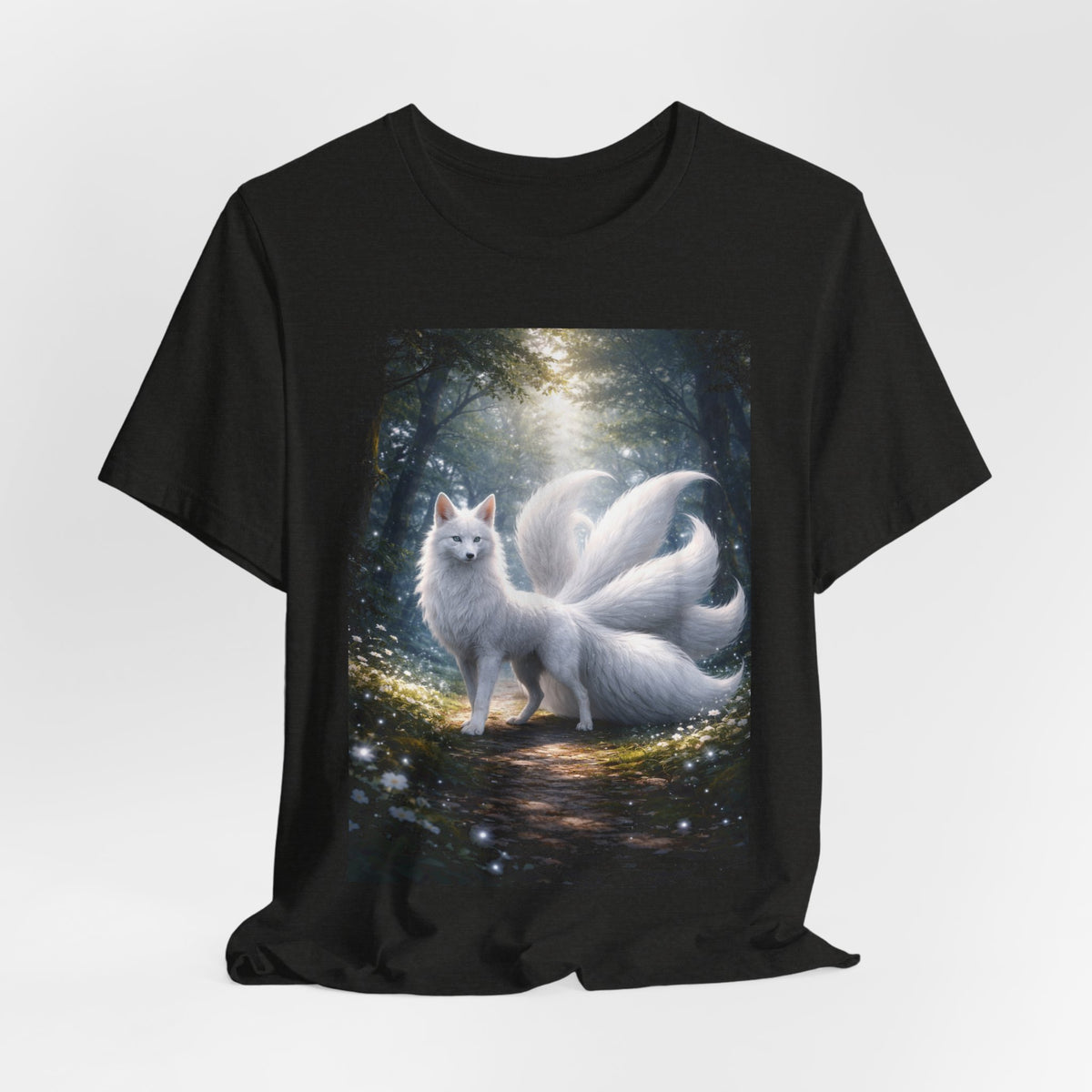 Nine-Tailed Fox Fantasy T-Shirt — Mystical White Kitsune Forest Tee