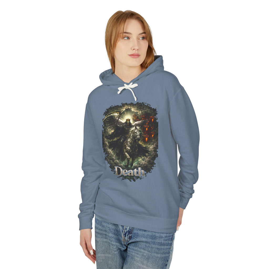Revelation 6:7-8! And on the Pale horse was a rider  as an angle dress as death and he wore a crown !Death Reaper Graphic Hoodie — Gothic Dark Fantasy Pullover