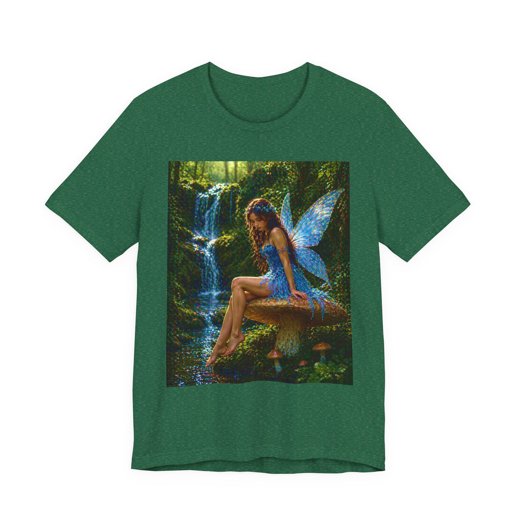 Fairy Forest T-Shirt — Enchanted Blue Fairy Sitting by Waterfall