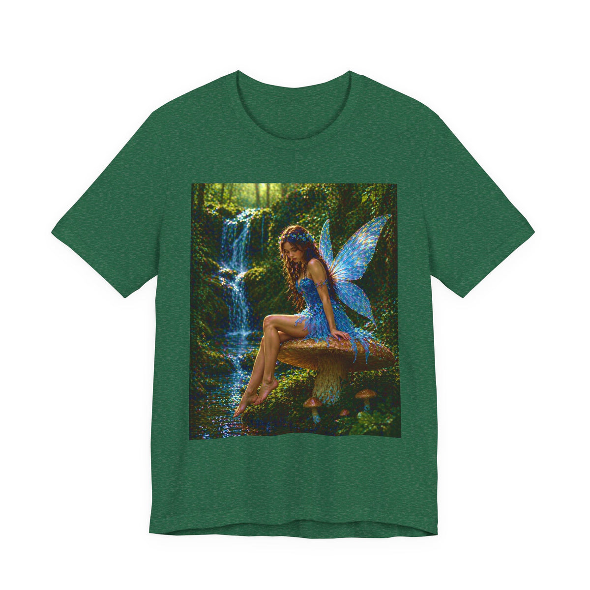 Fairy Forest T-Shirt — Enchanted Blue Fairy Sitting by Waterfall
