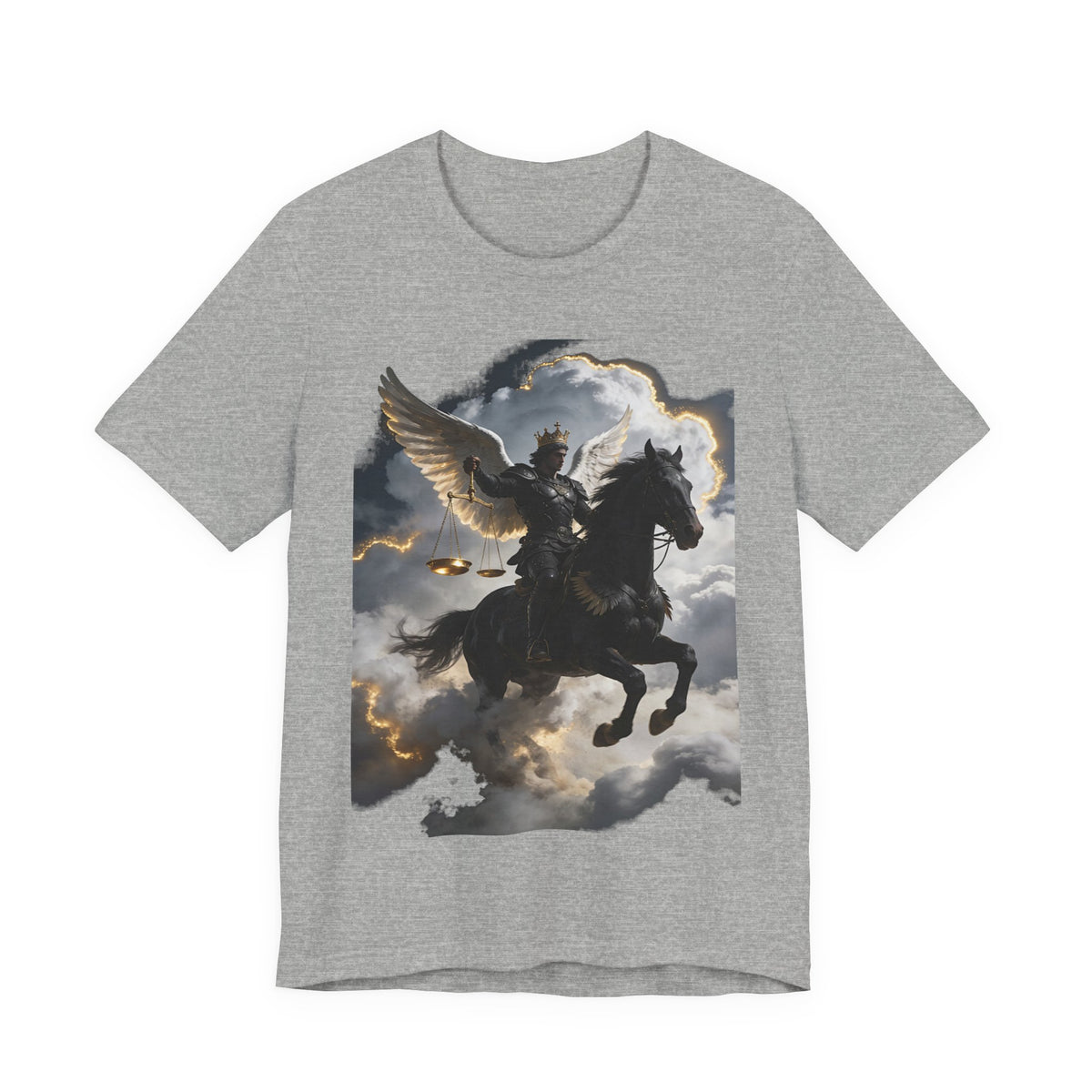 Revelation 6:5-6! And on the horse was a rider with wings as an angle dress as an warrior in black holding a golden a pair of scalesT‑Shirt — Winged Knight Graphic Tee