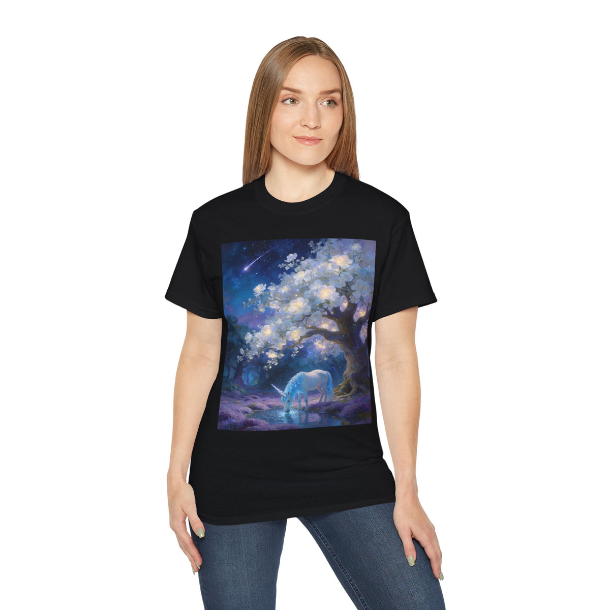 Unicorn Mystic Night Sheep Cotton Tee — Dreamy Moonlit Tree Art T-Shirt