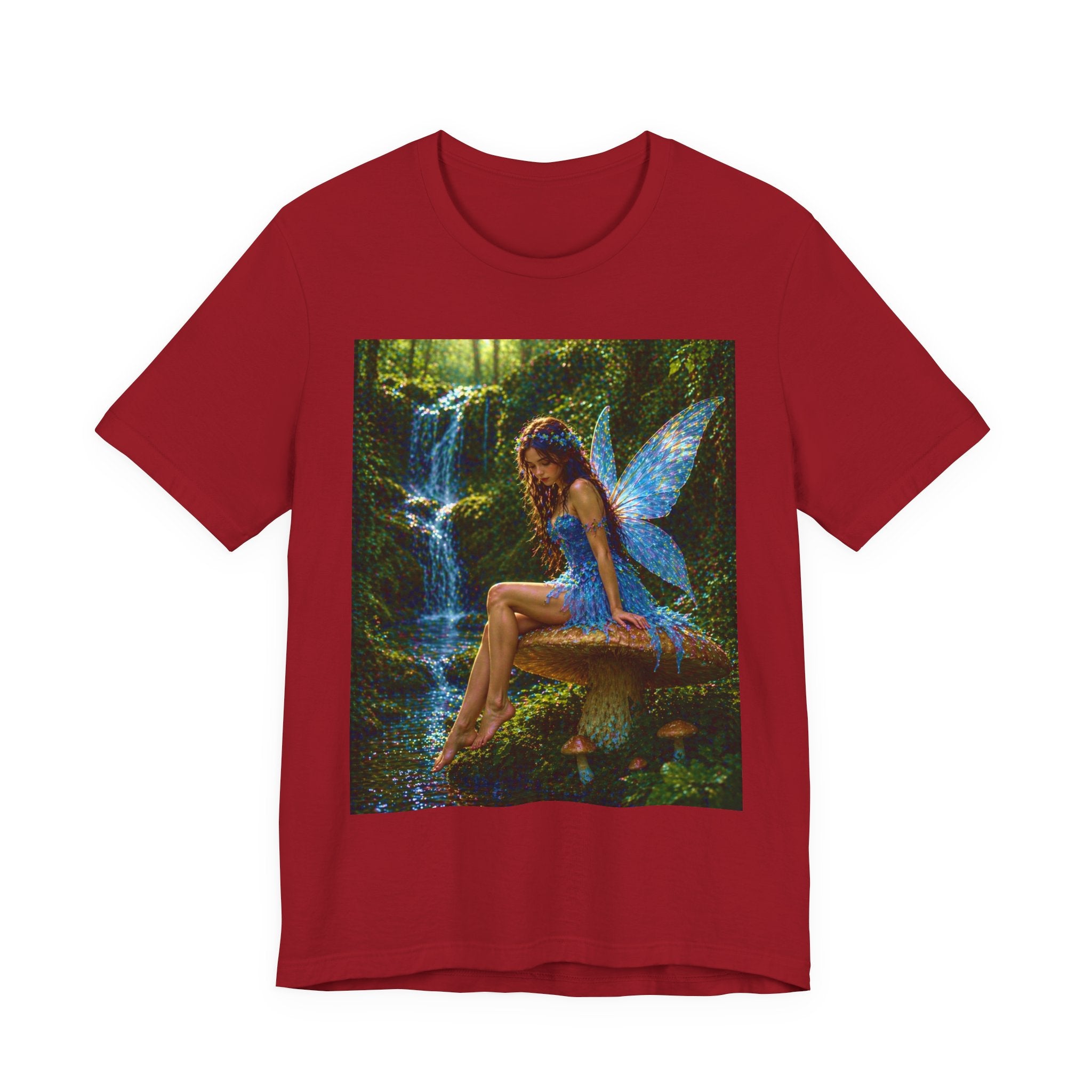 Fairy Forest T-Shirt — Enchanted Blue Fairy Sitting by Waterfall