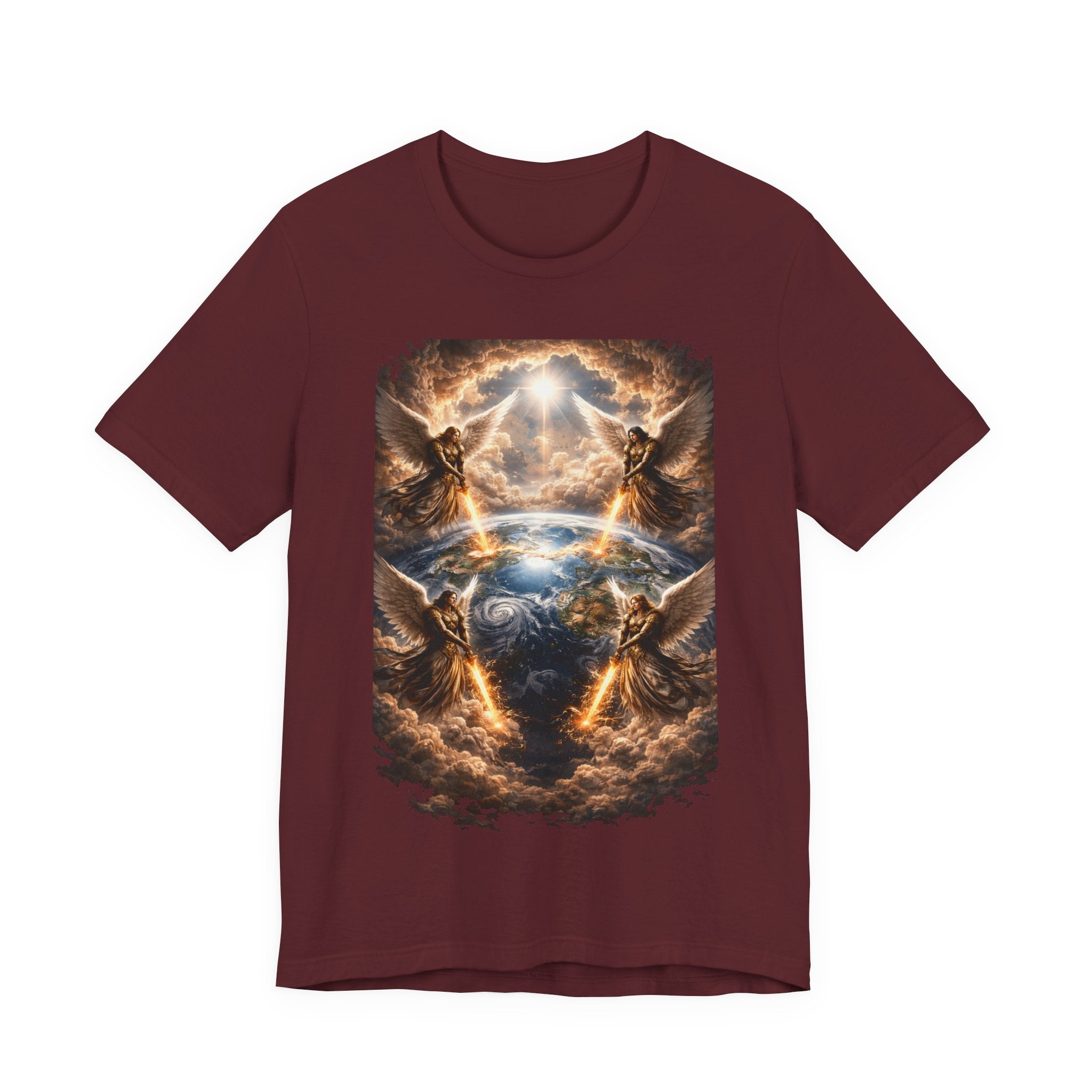 Revelation 7:1 Four angels standing on the four corners of the earth as seen from heaven-when the secound comingis near T‑Shirt — Heavenly Earth & Angels Graphic Tee