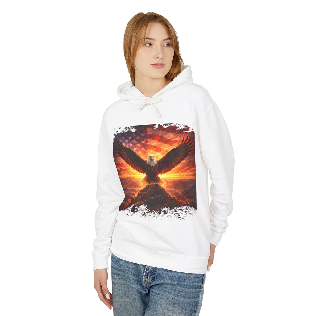 Eagle Rising Hoodie — Patriotic Bald Eagle Sunset Graphic Sweatshirt