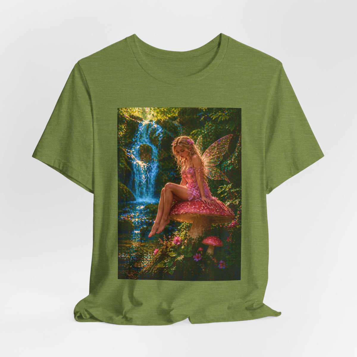 Fairy Garden T-Shirt – Enchanted Pink Fairy by Waterfall