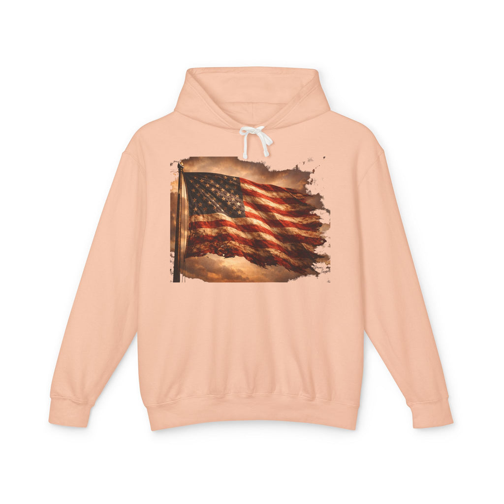 Distressed American Flag Hoodie — Vintage Patriot Lightweight Sweatshirt