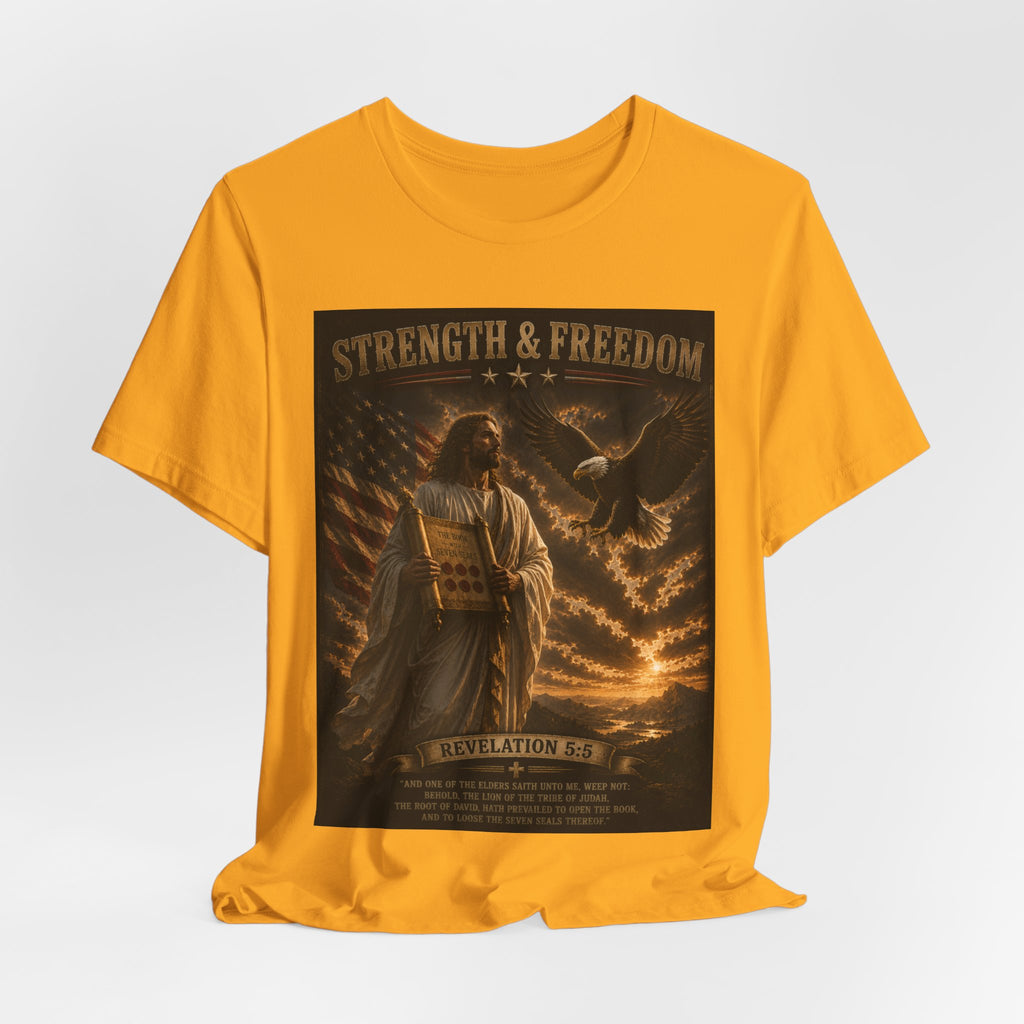 Strength & Freedom T-Shirt — Jesus with Tablets & Eagle, Revelation 20 Christian Tee