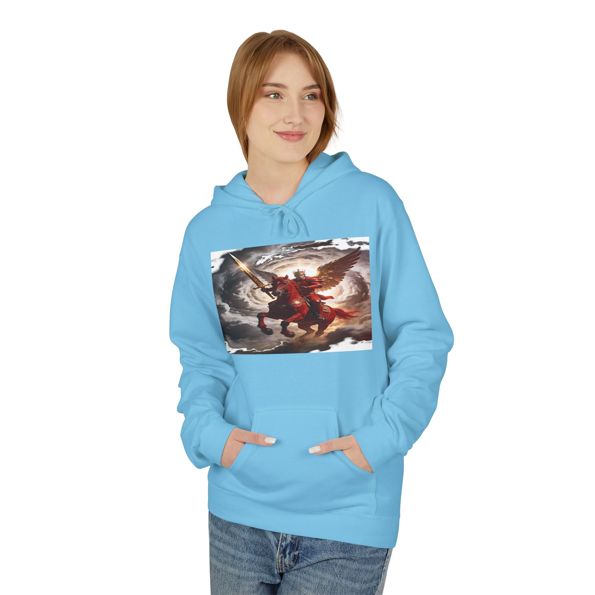 The red horse from Revelation 6:3-4 Angel Warrior Hoodie — Dramatic Archangel Battle Graphic Pullover