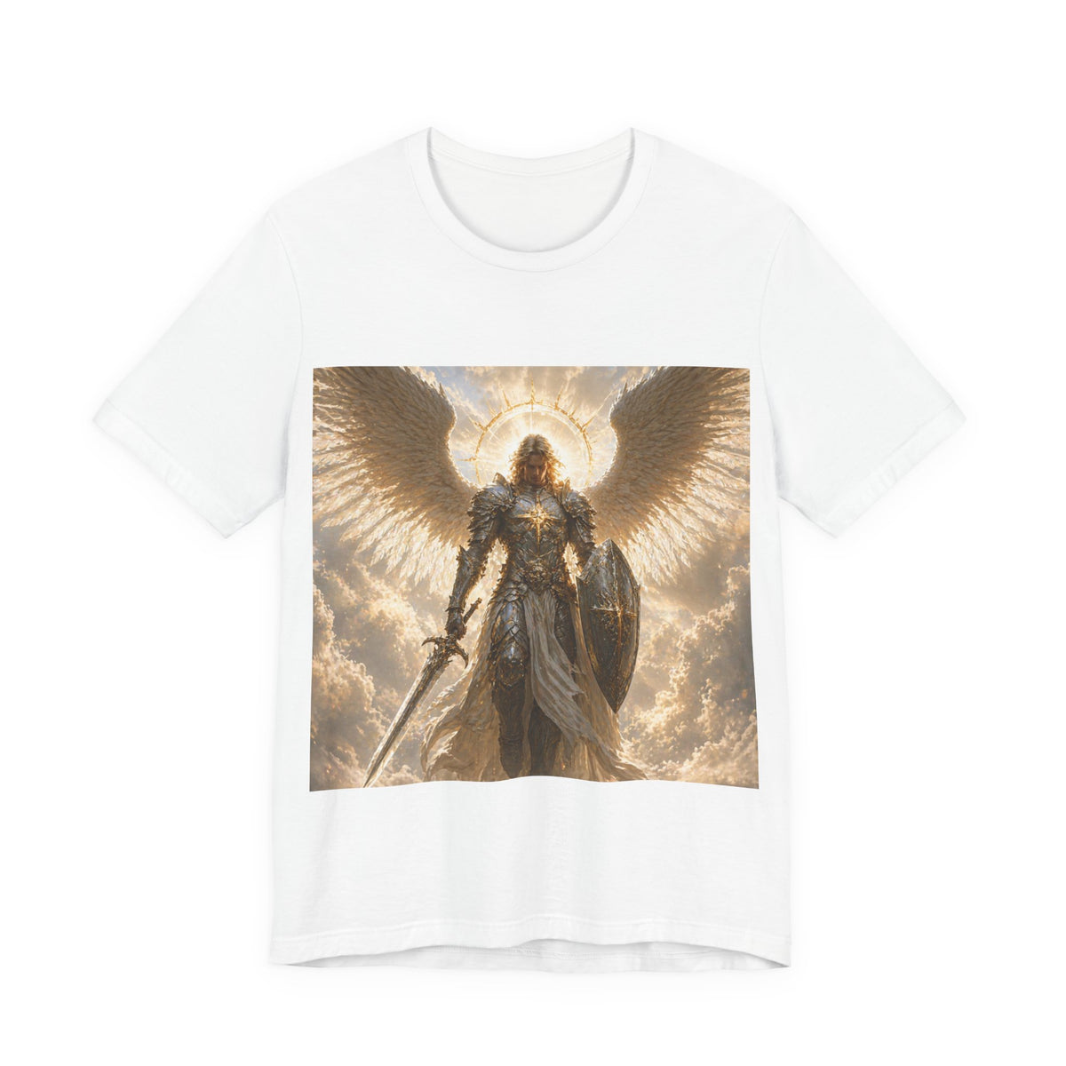 Archangel Warrior Graphic Tee — Golden Angel with Sword & Shield