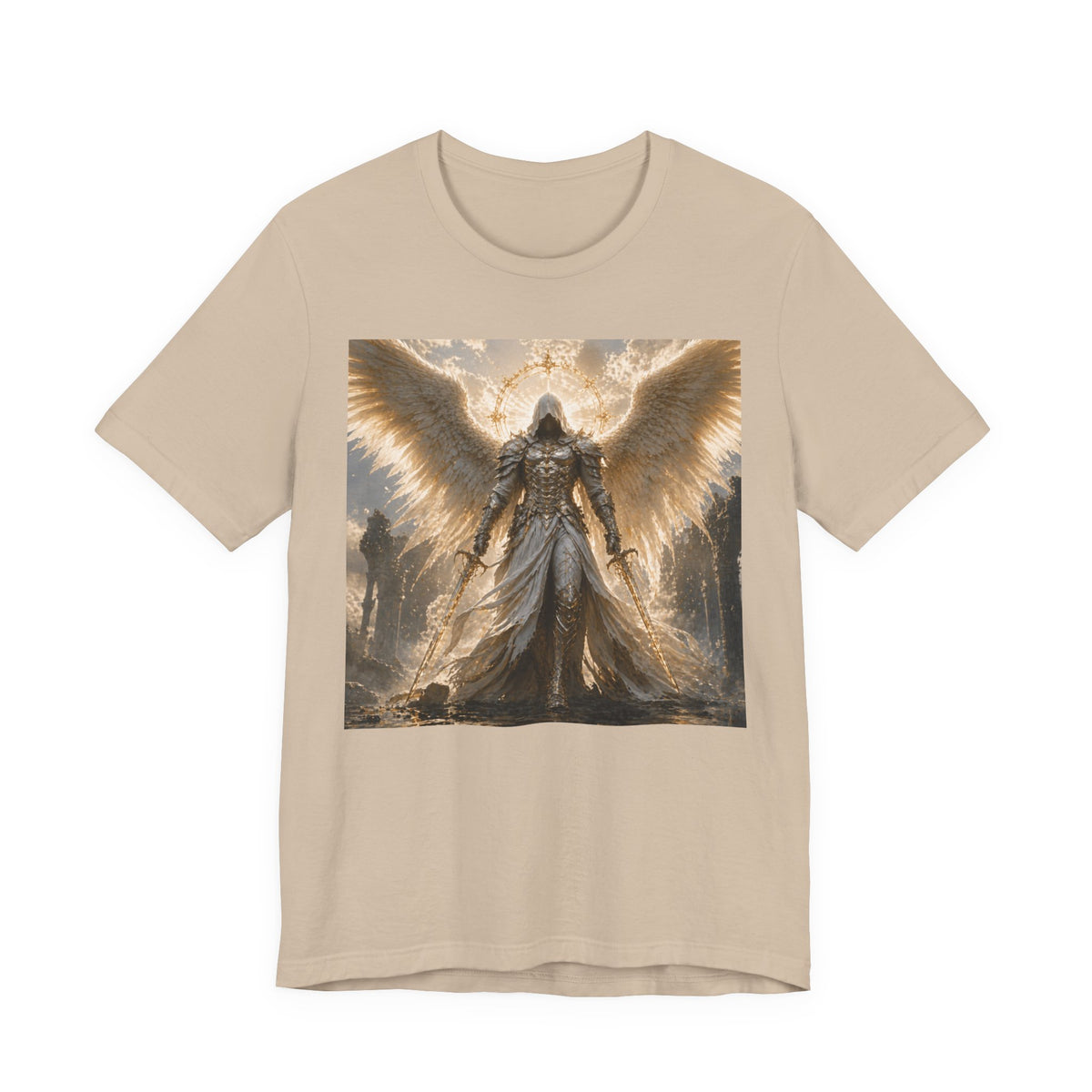 Angel Warrior Graphic Tee — Gold Guardian Wings T-Shirt