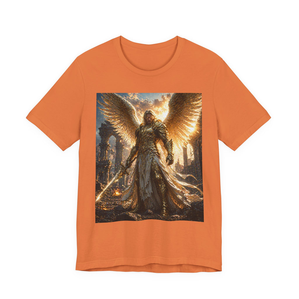 Angel Warrior Graphic Tee — Golden Archangel Battle Scene T-Shirt