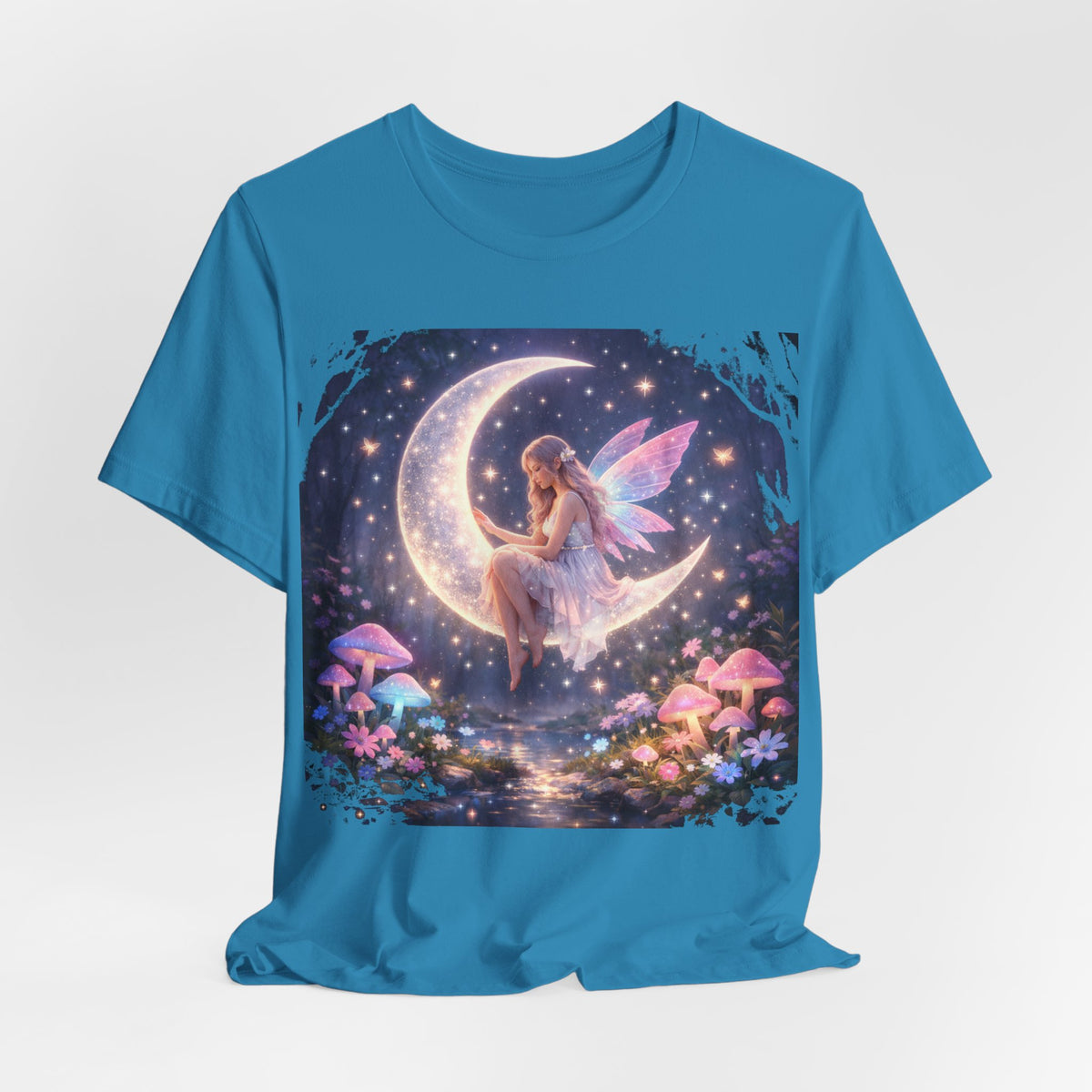 Fairy on the Moon T‑Shirt — Dreamy Fantasy Night Tee with Fairy and Mushrooms