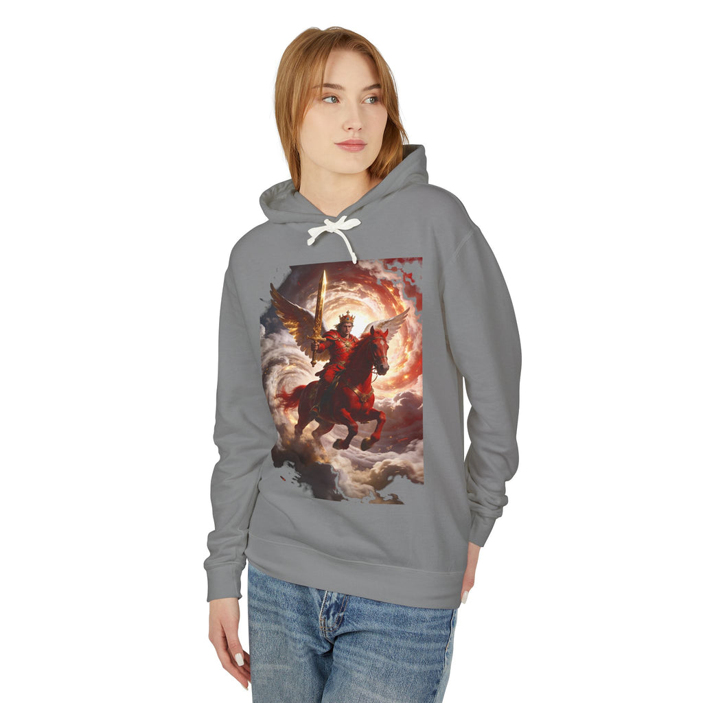 The red horse from Revelation 6:3-4-Angel Knight Hoodie — Celestial Warrior Horse Graphic Sweatshirt