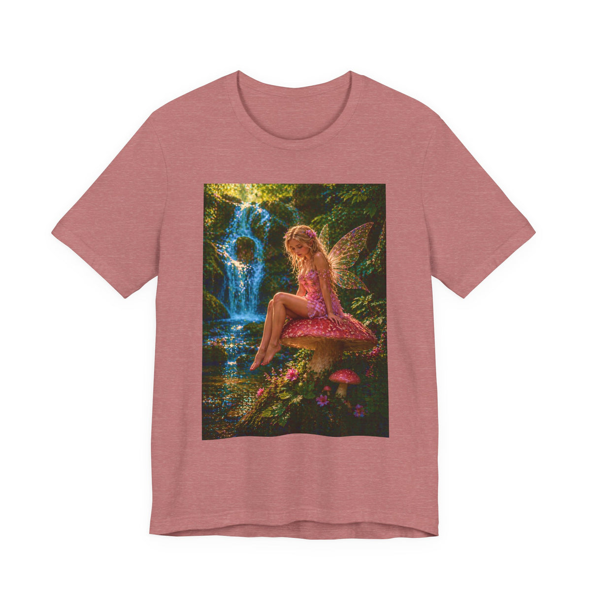 Fairy Garden T-Shirt – Enchanted Pink Fairy by Waterfall
