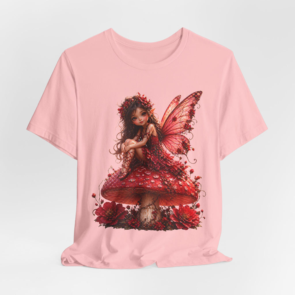 Fairy on Red Mushroom T‑Shirt — Whimsical Red Fairy Graphic Tee