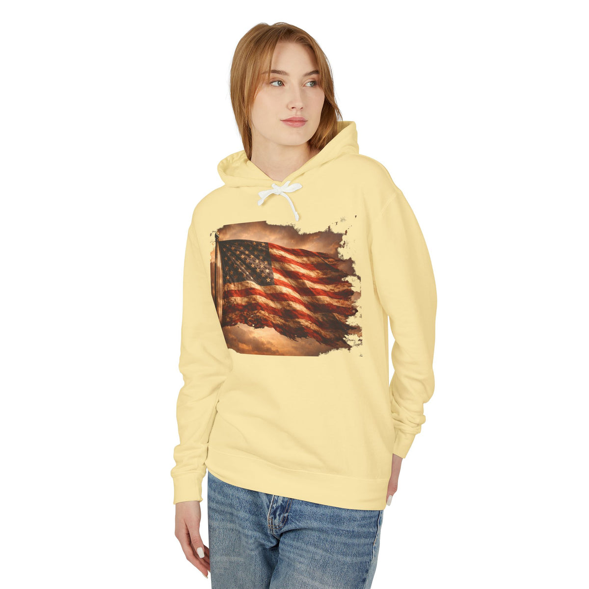 Distressed American Flag Hoodie — Vintage Patriot Lightweight Sweatshirt