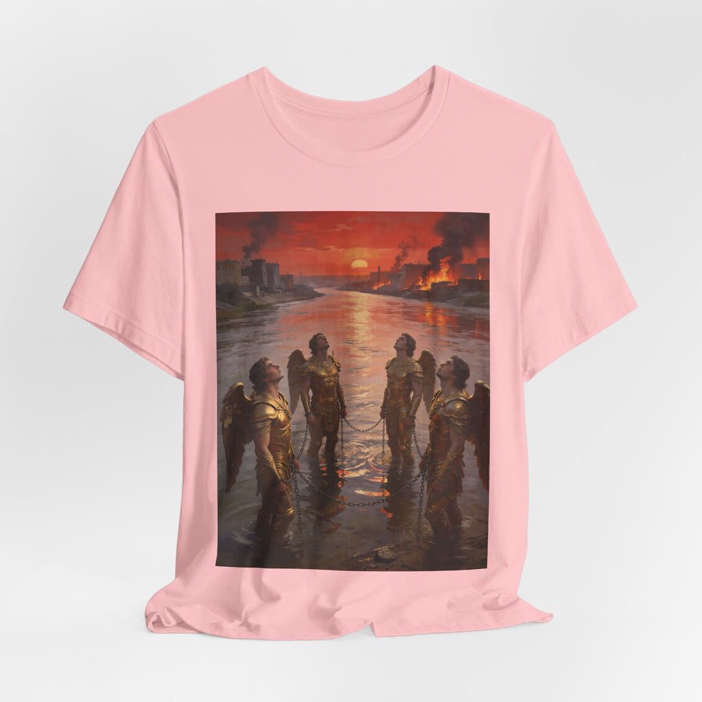 Revelation 9 reveals four fallen angels bound in the Euphrates River, awaiting God’s appointed time to bring judgment. T-Shirt