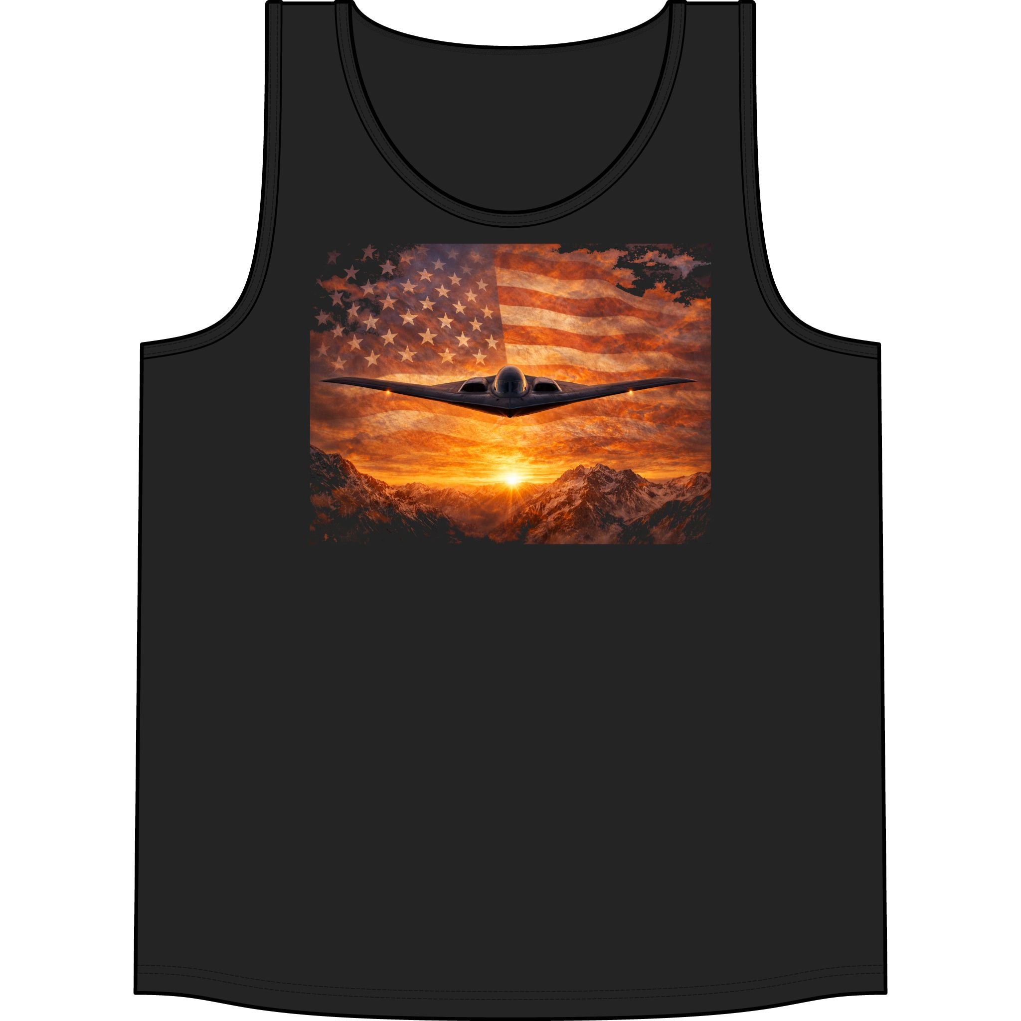 Patriotic Bomber Plane Tank Top — USA Flag Sunset Aviation Tee