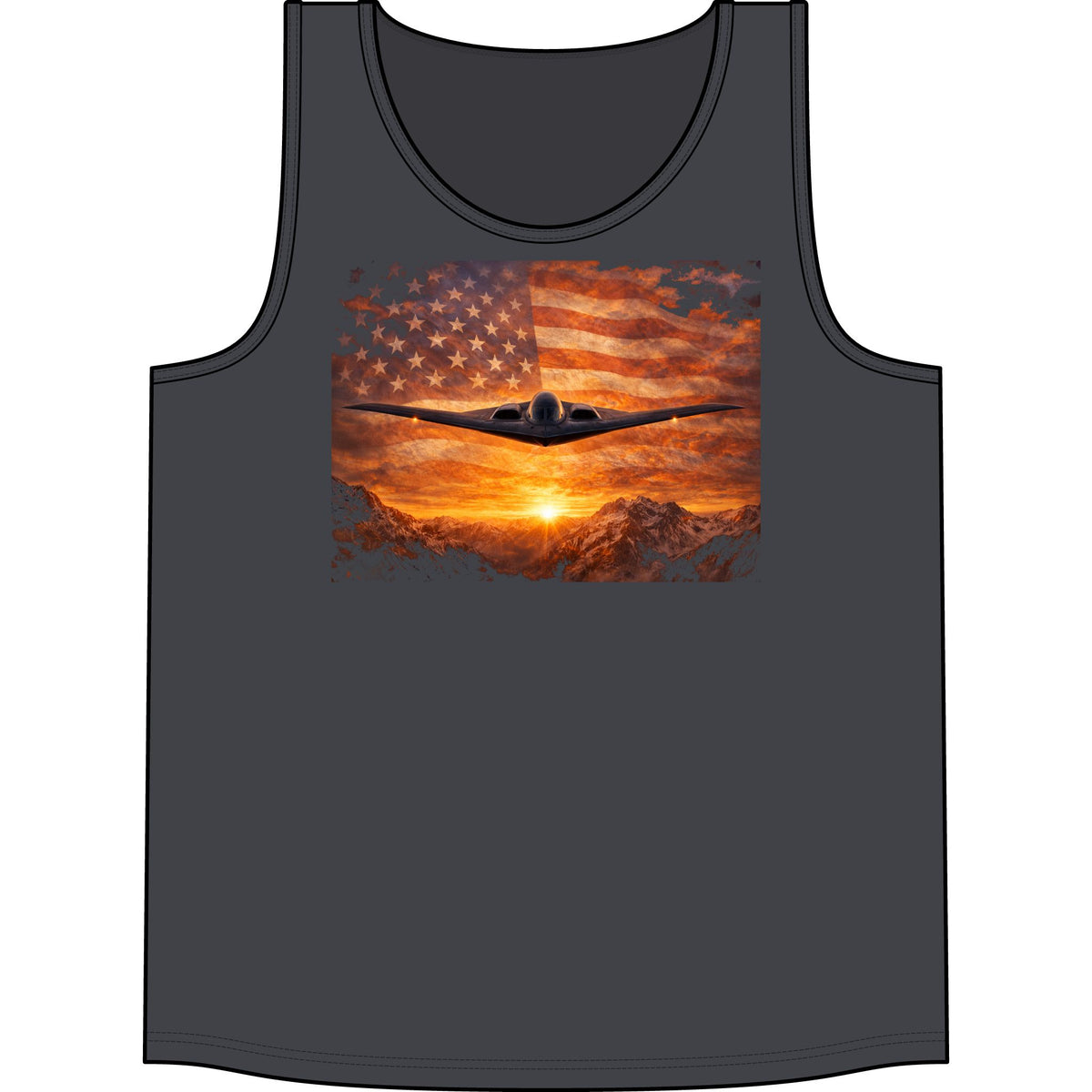 Patriotic Bomber Plane Tank Top — USA Flag Sunset Aviation Tee