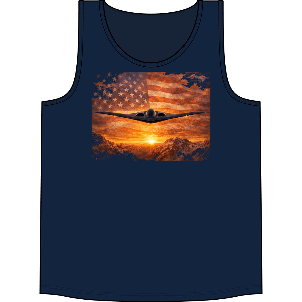 Patriotic Bomber Plane Tank Top — USA Flag Sunset Aviation Tee