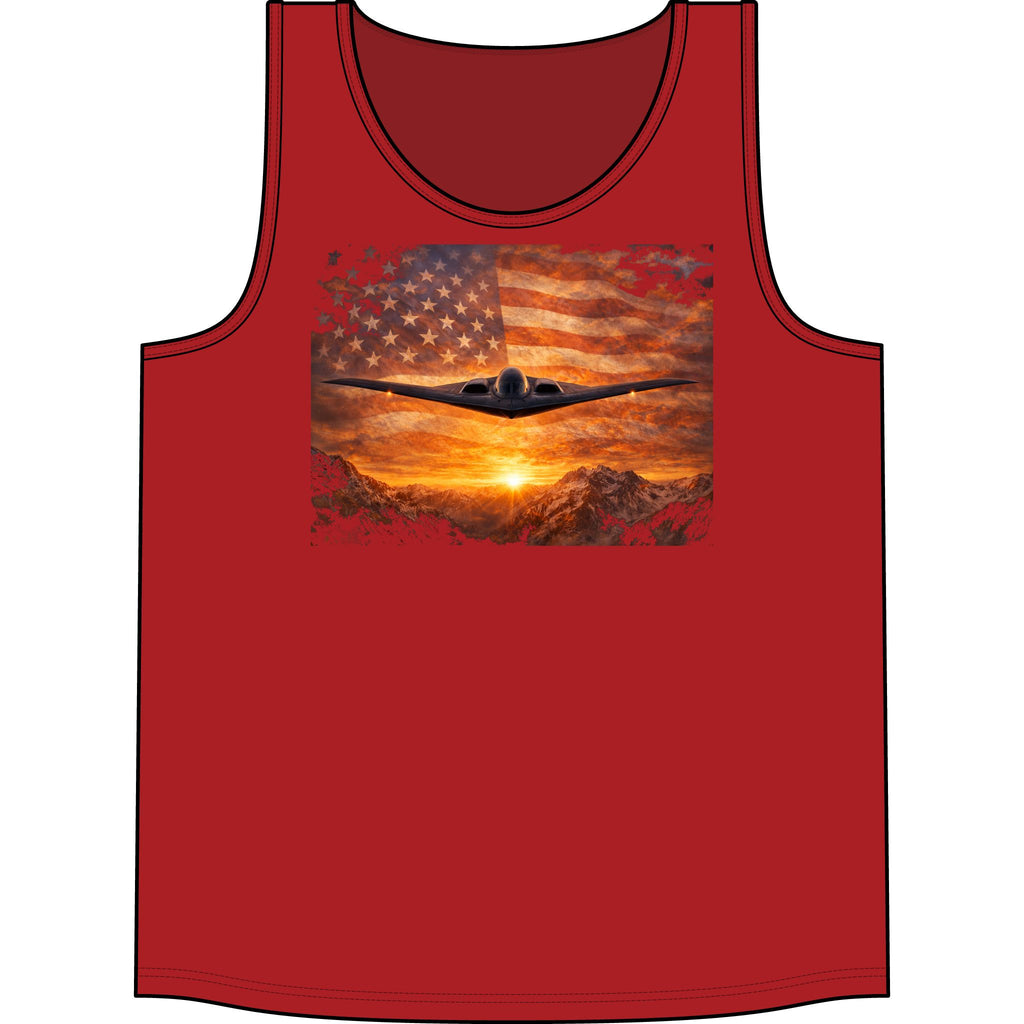 Patriotic Bomber Plane Tank Top — USA Flag Sunset Aviation Tee
