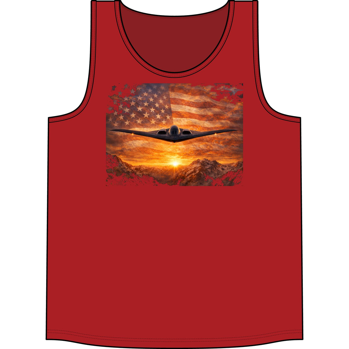 Patriotic Bomber Plane Tank Top — USA Flag Sunset Aviation Tee