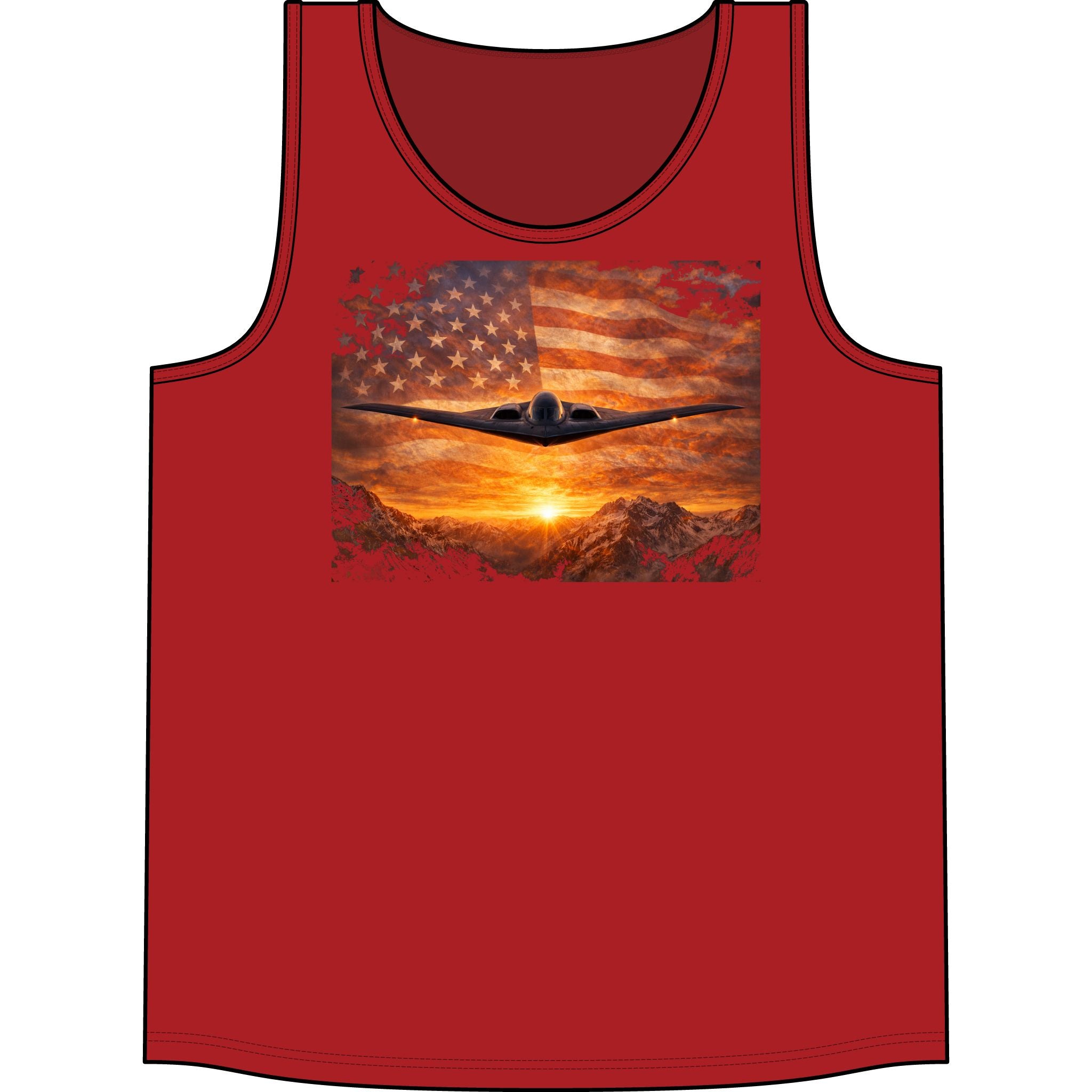 Patriotic Bomber Plane Tank Top — USA Flag Sunset Aviation Tee