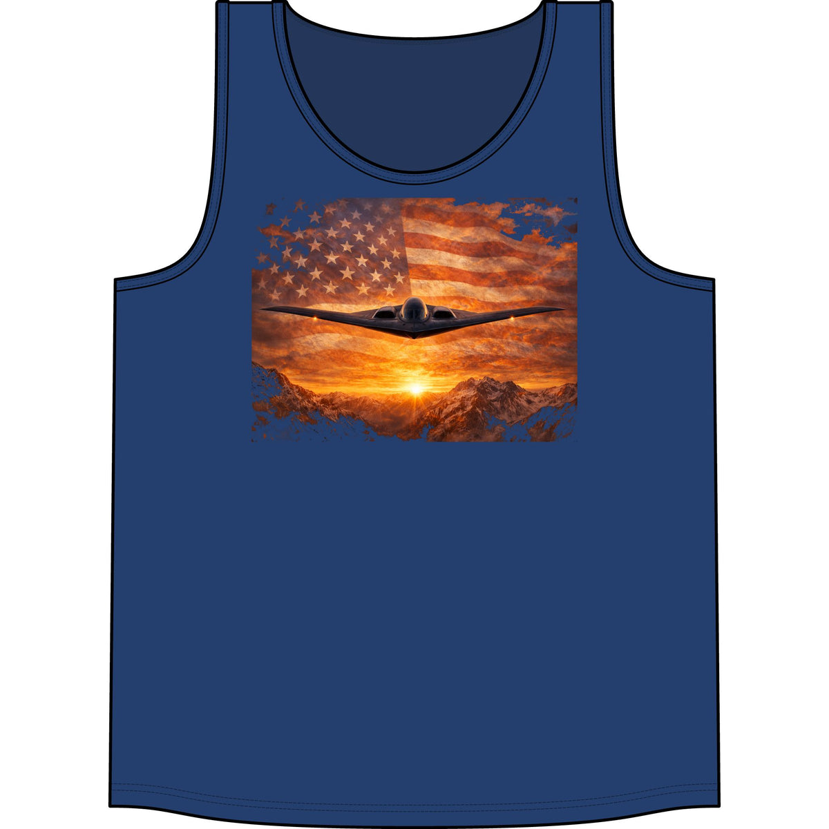 Patriotic Bomber Plane Tank Top — USA Flag Sunset Aviation Tee