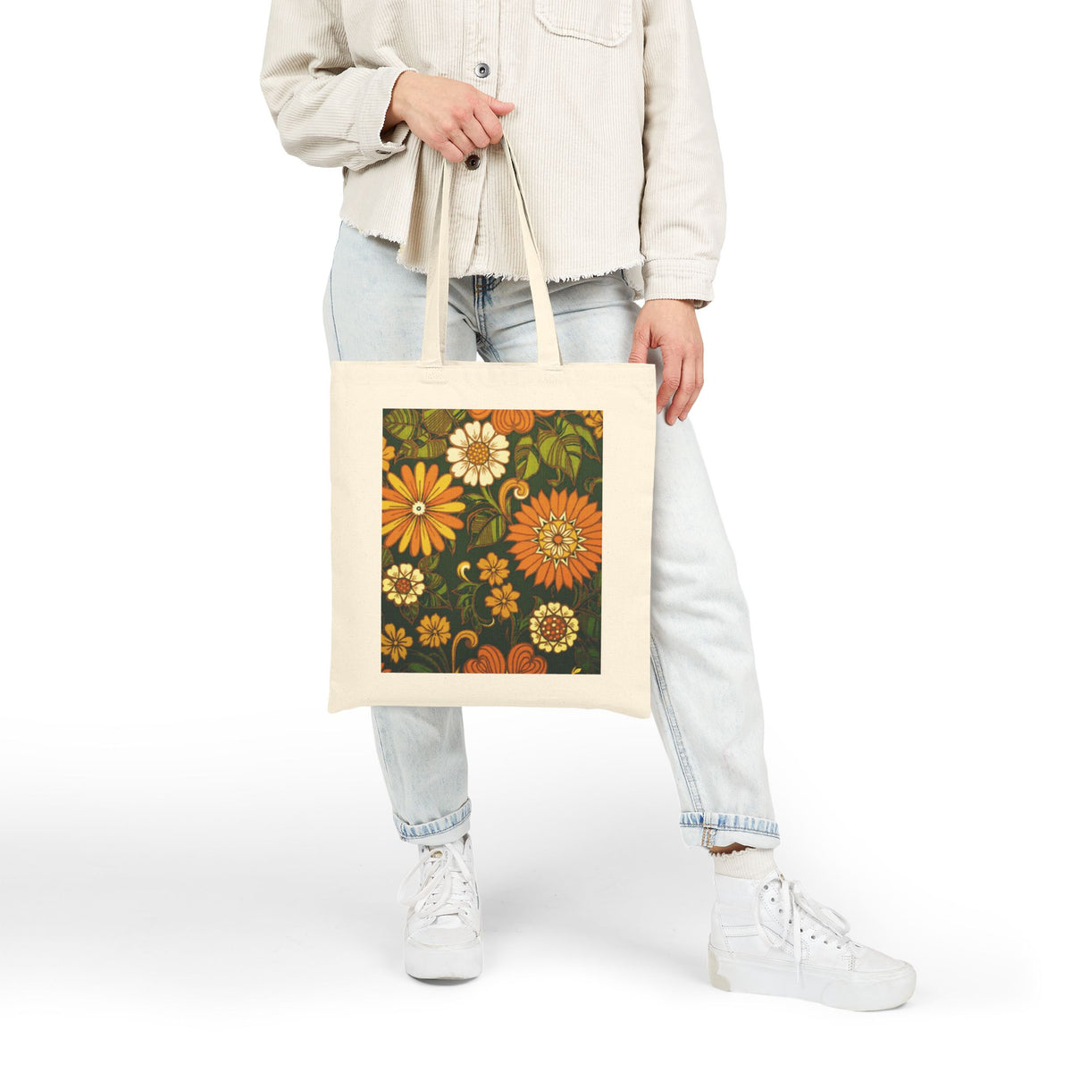 Retro Orange Floral Tote Bag — Vintage Daisy Canvas Grocery & Market Tote