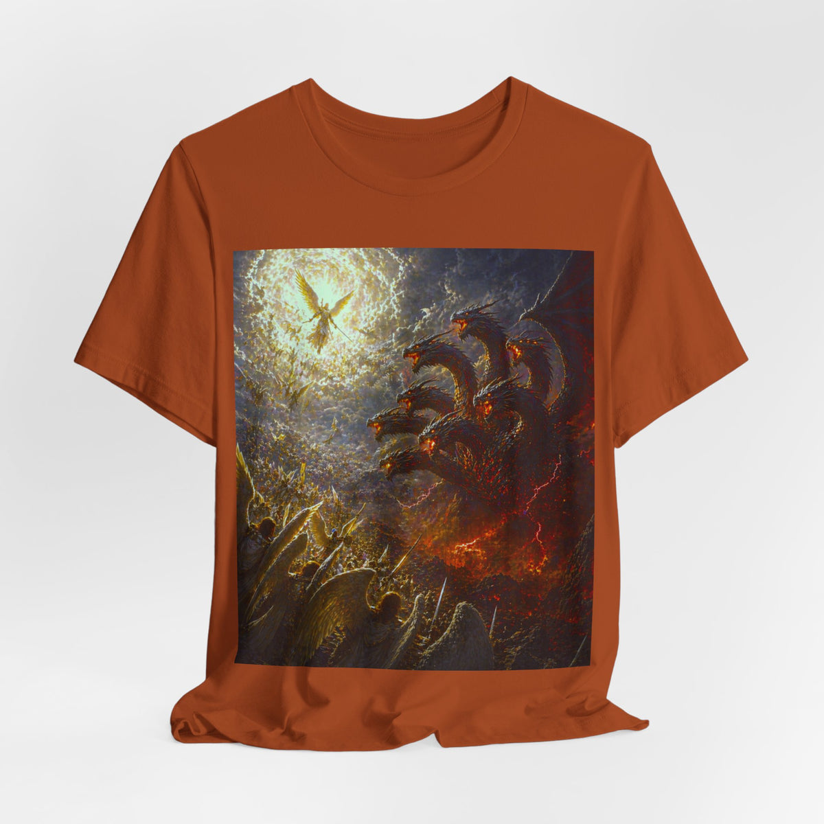 Apocalyptic Angel vs. Satan the 7 headed Dragon Graphic  T-Shirt