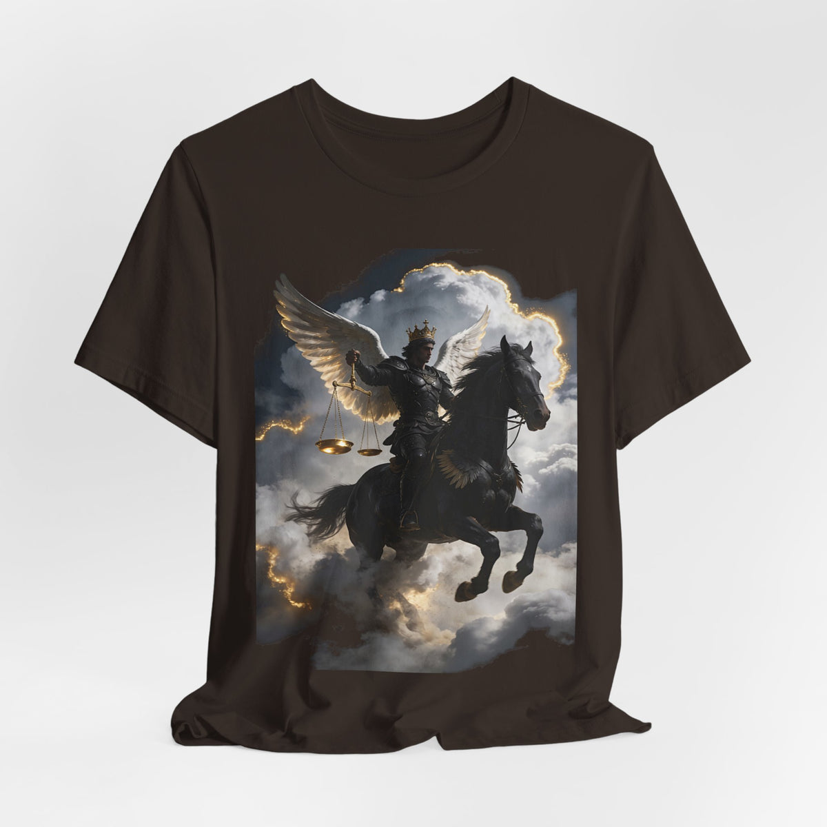 Revelation 6:5-6! And on the horse was a rider with wings as an angle dress as an warrior in black holding a golden a pair of scalesT‑Shirt — Winged Knight Graphic Tee