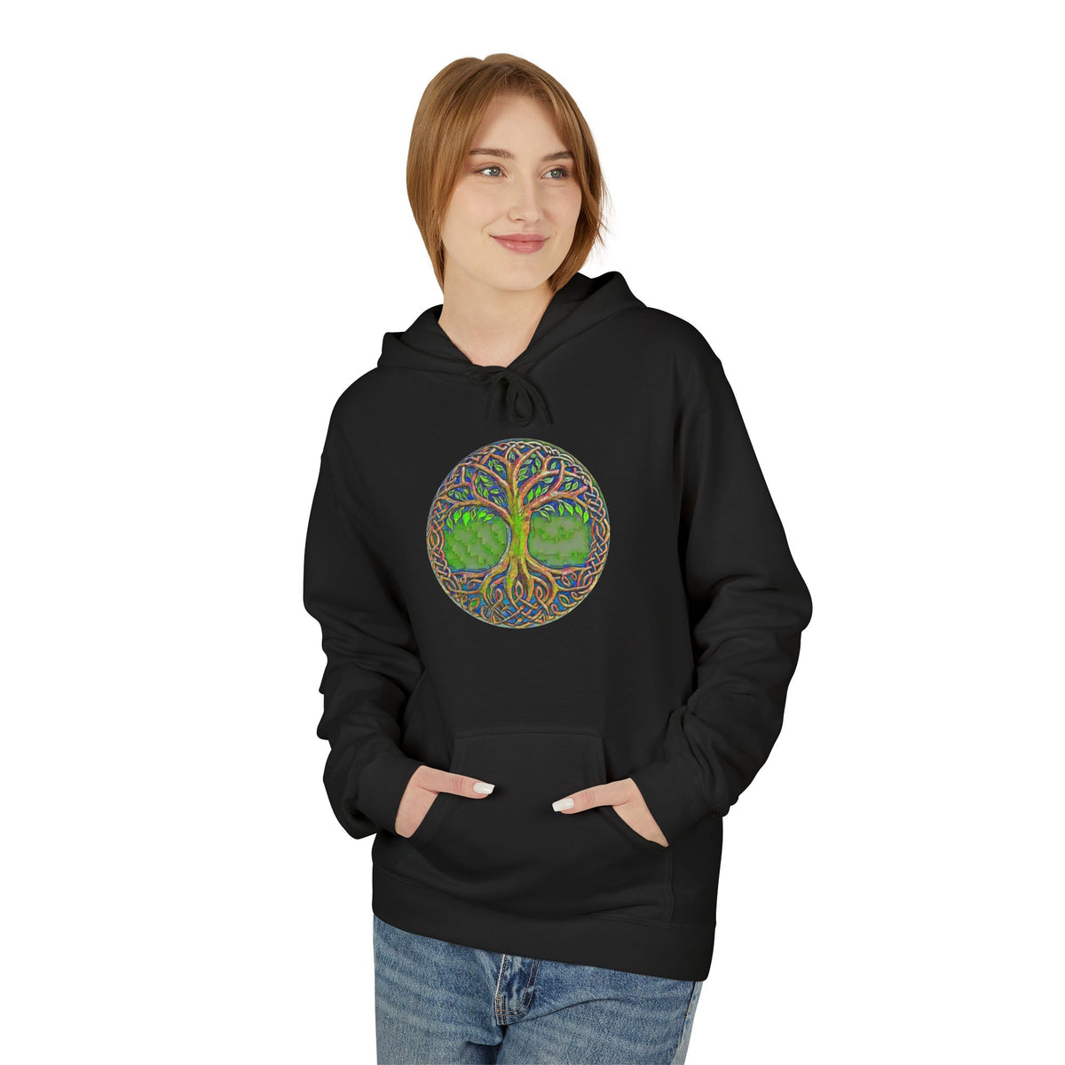 Yggdrasil Tree of Life Cotton Hoodie — Nature-Inspired Green Woodland Graphic