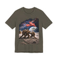 Patriotic Moon Landing Tee — Soldiers Raising American Flag Graphic T-Shirt