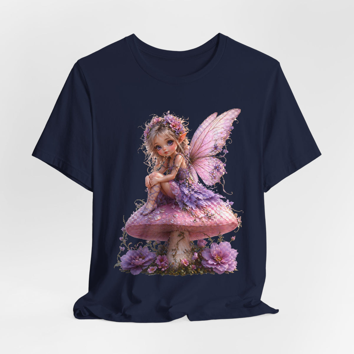 Fairy on Mushroom T-Shirt — Cute Pink Butterfly Fairy Graphic Tee for Kids & Adults