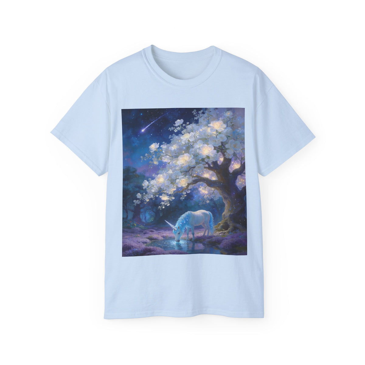 Unicorn Mystic Night Sheep Cotton Tee — Dreamy Moonlit Tree Art T-Shirt
